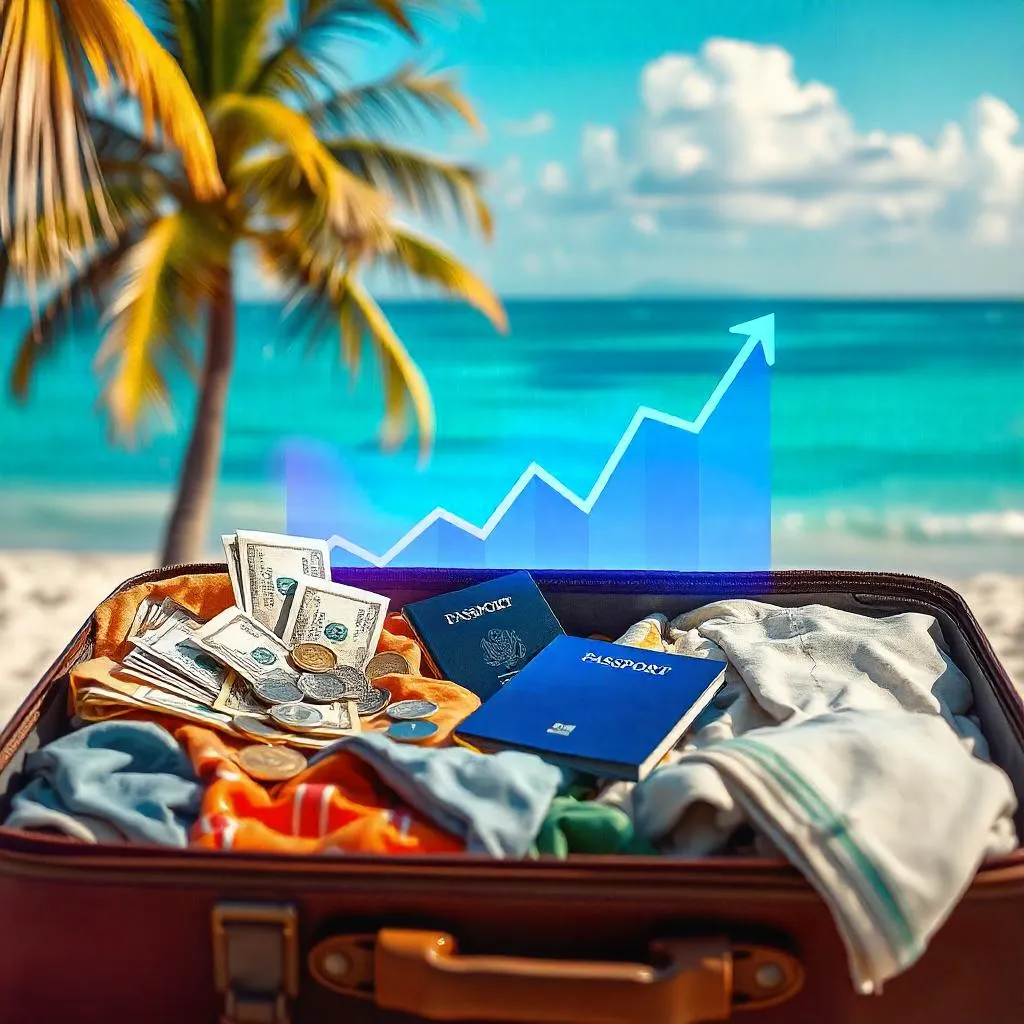 Quase Mochileiros, Mala de viagem aberta com dinheiro, moedas e passaporte entre roupas, com paisagem tropical ao fundo e um gráfico financeiro simbolizando crescimento, unindo planejamento financeiro e viagens.
