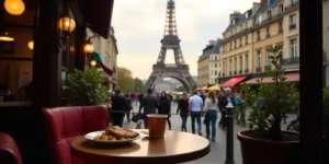 Imagem de Paris com a Torre Eiffel ao fundo, destacando uma viagem econômica pela cidade.